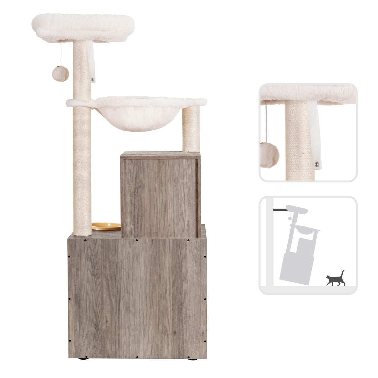 Heybly Cat Tree, Wood Litter Box Enclosure with Food Station, All-in-one Indoor Cat Furniture with Basket and Condo, Modern Style Cat Tower, Hammock, Rustic Gray HCT101SG Heybly