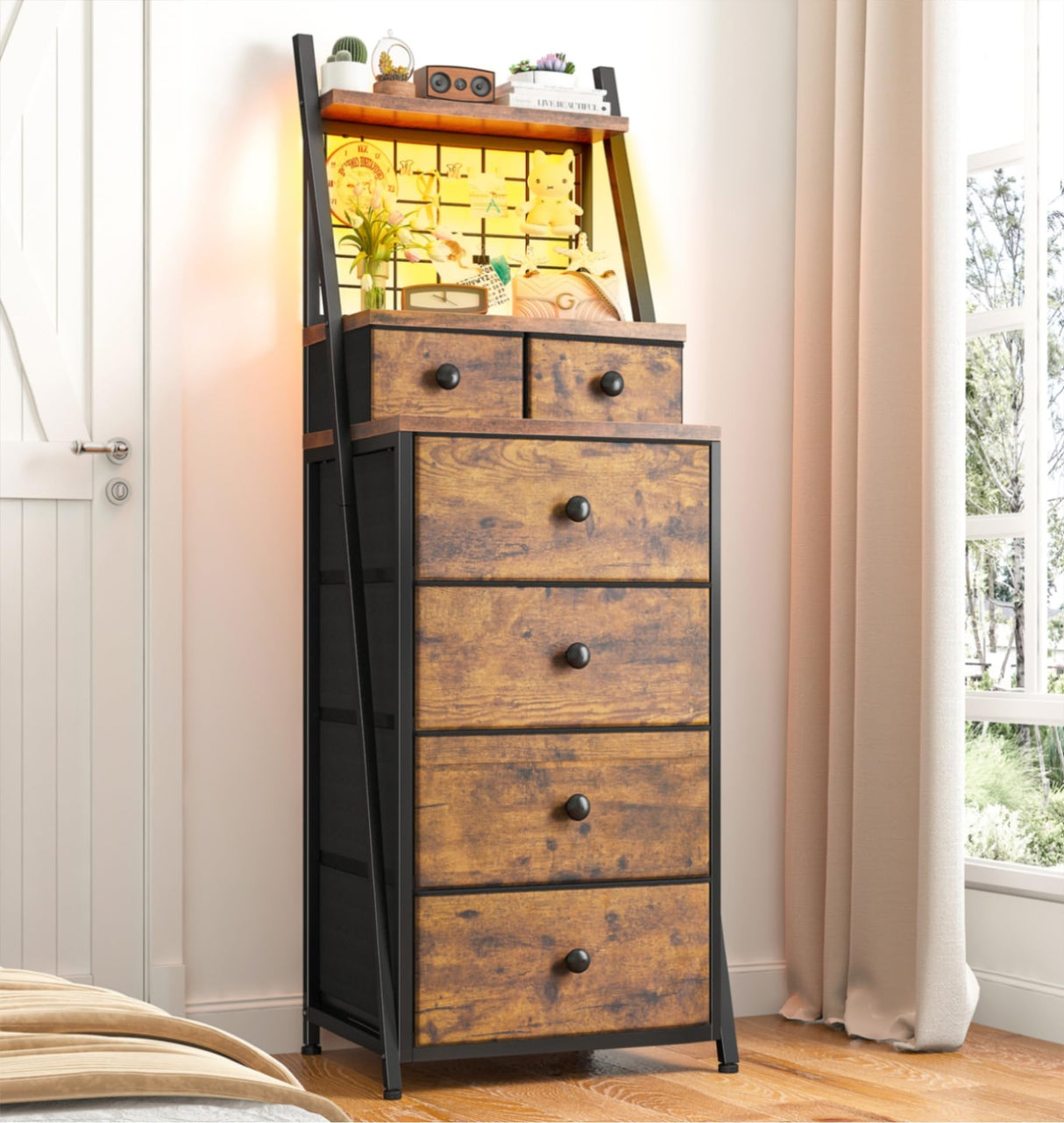 EnHomee Vertical Dresser for Bedroom 6-Drawer LED Dressers & Chest of Drawers Sturdy Bedroom Dressers with Grid for Living Room,Closet,Entryway,Dorm,Rustic Brown EnHomee