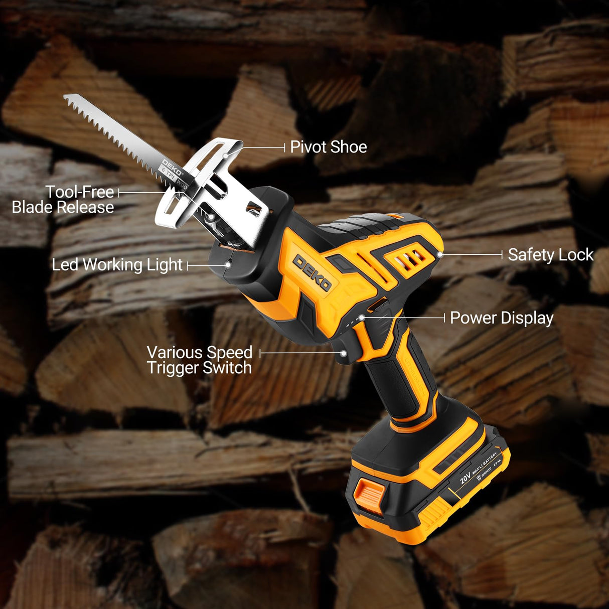 Cordless Reciprocating Saw: DEKOPRO 20Volt Battery Powered Mini Reciprocating Saw, Compact Electric Metal Blades Tool, Power Hand Saws for Wood work, Cut DEKOPRO