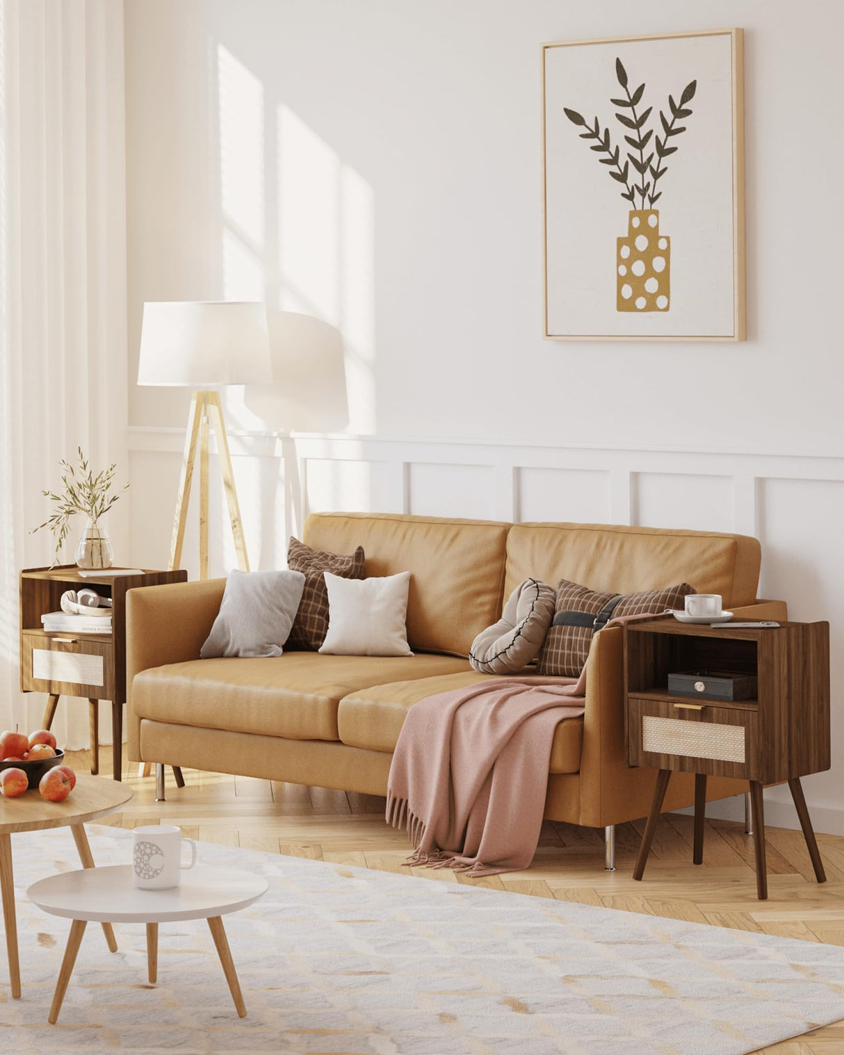 Veegle Rattan Nightstand,Modern Bedside Table with Storage Drawer and Open Wood Shelf, for Living Room, Bedroom and Small Spaces, Accent Night Stand with Solid Wood Legs, Easy Assembly,Walnut Brown Veegle