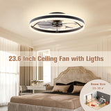 VOLISUN Low Profile Ceiling Fans with Lights and Remote, 23.6in Flush Mount Ceiling Fans with Light, 3000K-6500K Dimmable Fandelier LED Fan Light, Black Bladeless Ceiling Fans with Lights for Bedroom VOLISUN