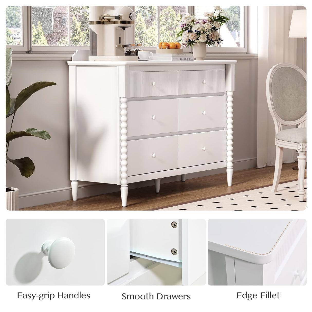 JOINICE 6 Drawer Dresser, Kids Dresser with Storage, Wide Chest of Drawers for Nursery, Wood Large Drawer Organizer Cabinet for Bedroom, Living Room, White JOINICE