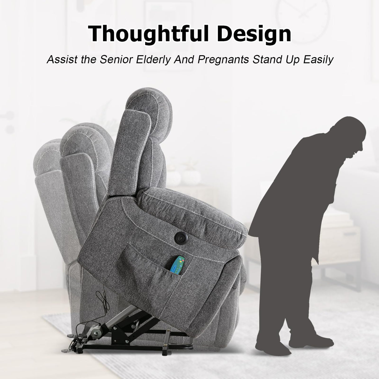 Phoenix Home Large Power Lift Recliner Chair with Massage and Heat for Elderly, Overstuffed Wide Recliners with 2 Cup Holders, Side Pocket and USB Port, Dark Gray Phoenix Home