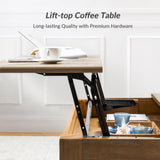 HULALA HOME Wood Lift Top Coffee Table with Storage, Farmhouse Convertible Dining Table for Living Room, Large Rectangle Rustic Central Table with Hidden Compartment, Acorn HULALA HOME