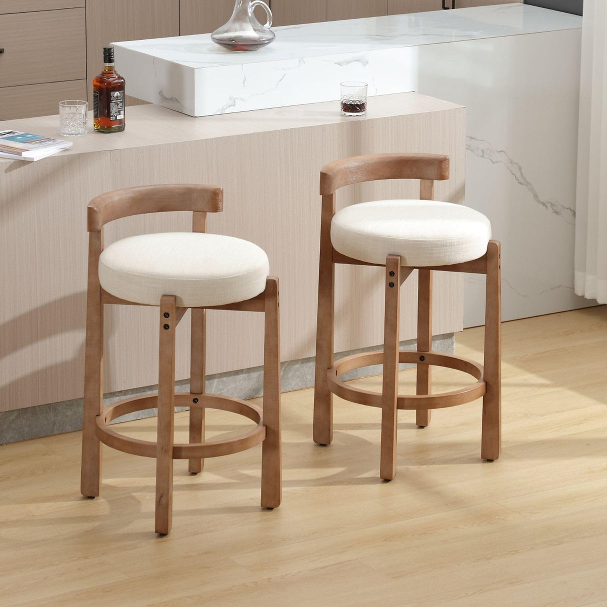 DUOMAY Modern Bar Stools Set of 2, 26" Counter Height Stools, Armless Round Wood Barstools Kitchen Island Stool with Linen Seat for Home Bar Coffee Shop, Beige DUOMAY