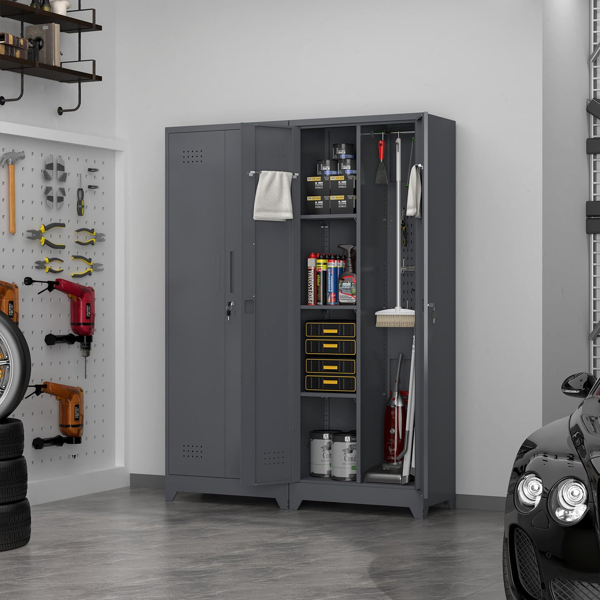 FATIGOS 65''H Broom Closet Storage Cabinets, Metal Utility Closet Storage Cabinet, Indoor Cleaning Cabinet with Adjustable Shelves and S-Hooks for Bathroom,Garage FATIGOS