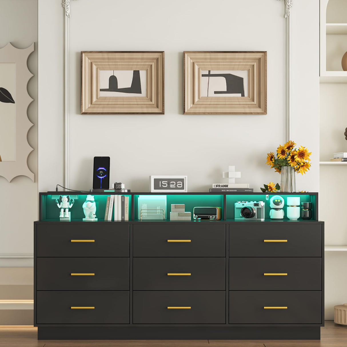 knoworld Black 9 Drawer Dressers for Bedroom, Modern Large Dresser with LED Light and Power Outlet, Wooden Long Dresser, Triple Dresser for Bedroom, Living Room, Entryway, Hallway knoworld