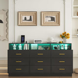 knoworld Black 9 Drawer Dressers for Bedroom, Modern Large Dresser with LED Light and Power Outlet, Wooden Long Dresser, Triple Dresser for Bedroom, Living Room, Entryway, Hallway knoworld