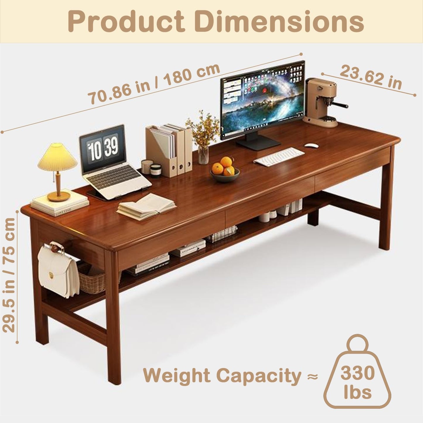 Ytaoka 70.86" Long Solid Wood Desk with 3 Drawers Home Office Computer Desk Mid Century Modern Desk Large Study Writing Desk Simple Wooden Desk Walnut Real Wood Desk Study Table Workstation - WoodArtSupply