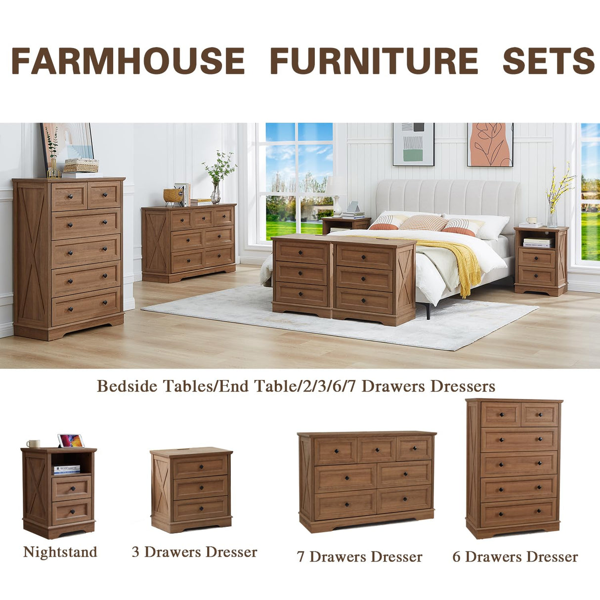 NONGSHIM 7 Drawer Dressers, Farmhouse Dresser Chest of Drawer for Bedroom, Modern Wood Drawer Dresser with Charging Station, Chest of Drawers Storage Cabinet for Living Room, Entryway, Natural Oak NONGSHIM
