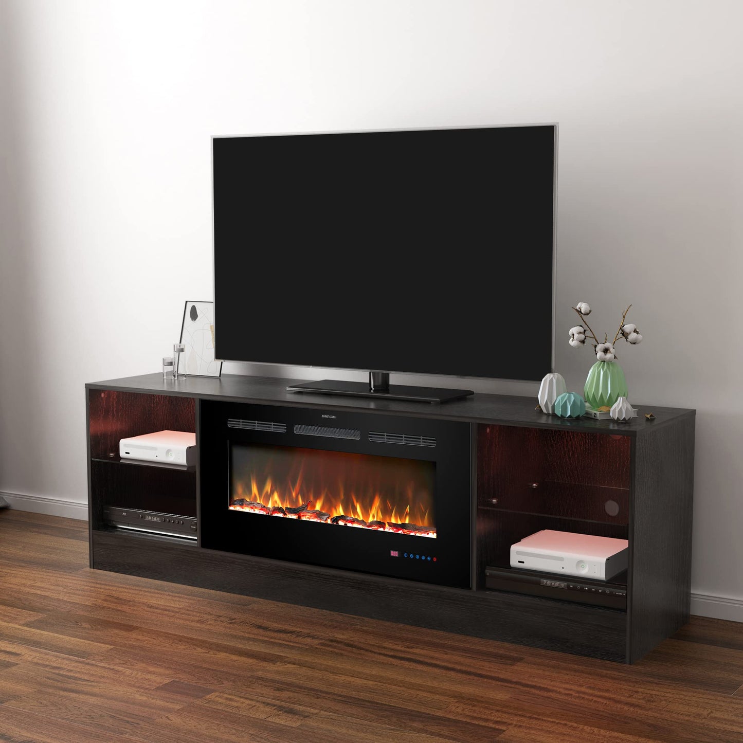 Kentsky Fireplace 72" TV Stand, Entertainment Center with 36" Electric Fireplace, LED Light Wood Storage Cabinet Table, Media Console for TVs Up to 80", Thermostat, 13 Flame Colors, Black