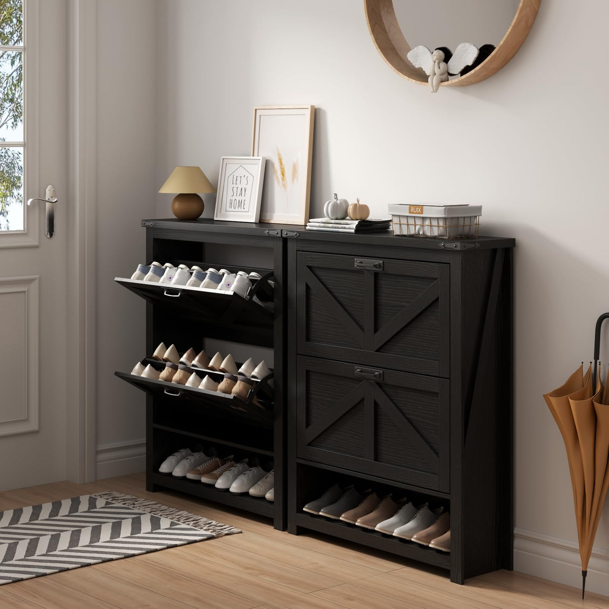 Loomie Farmhouse Shoe Cabinet,Free Standing Tipping Bucket Shoe Rack Organizer with 2 Flip Drawers,Entryway Narrow Shoe Storage with Storage Cubby,Modern Slim Hidden Shoe Cabinet with Doors, Black Loomie