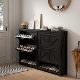 Loomie Farmhouse Shoe Cabinet,Free Standing Tipping Bucket Shoe Rack Organizer with 2 Flip Drawers,Entryway Narrow Shoe Storage with Storage Cubby,Modern Slim Hidden Shoe Cabinet with Doors, Black Loomie