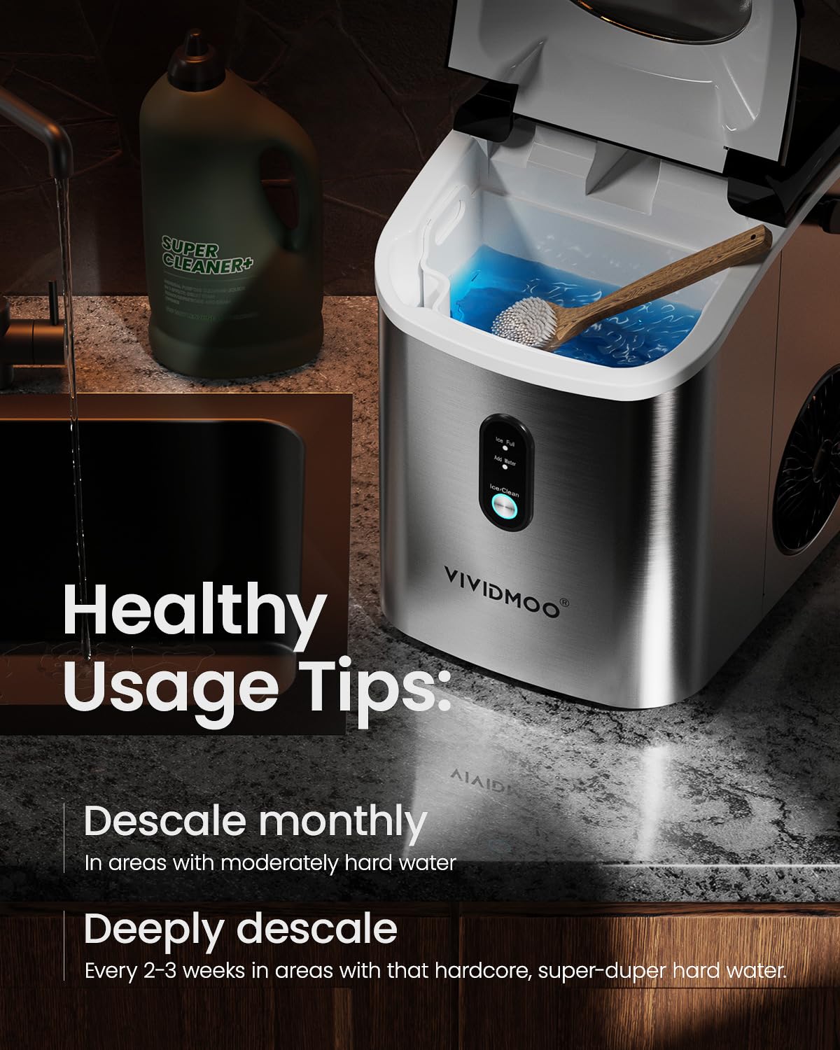 VIVIDMOO Nugget Ice Maker Countertop, 34lbs/24H Pebble Ice Machine, Self-Cleaning Sonic Ice Maker with Basket & Scoop, Compact Pellet Ice Maker for Home/Office/Kitchen/RV/Party, Stainless Steel Vividmoo