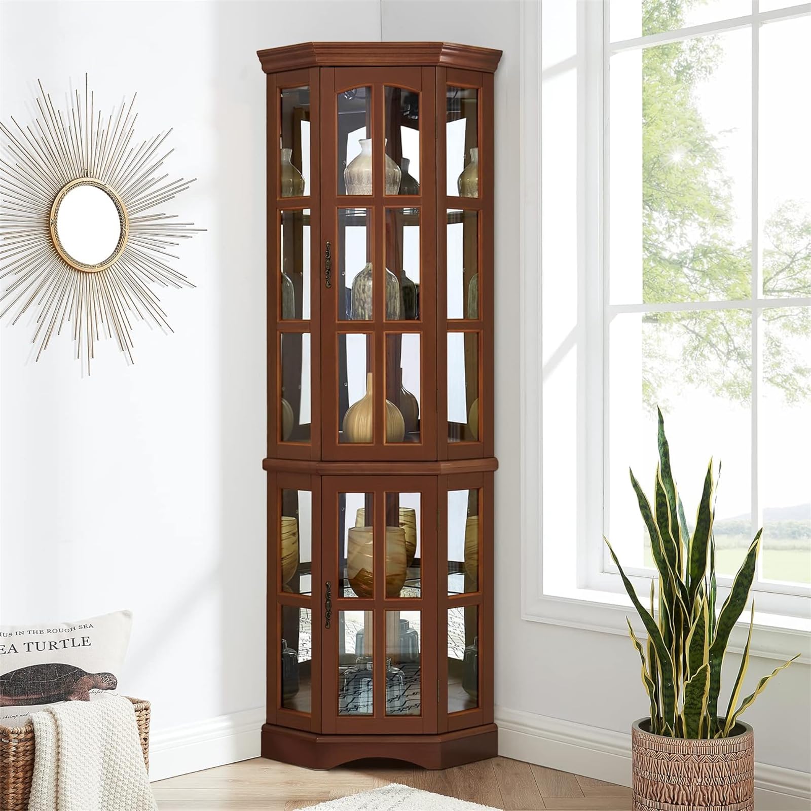 HOMIQUEEN Corner Curio Display Cabinet with 5 Shelves and Lighting System, Wooden Accent China Cabinet with Tempered Glass Doors for Living Room, Bar and Liquor Storage Area (Walnut) - WoodArtSupply