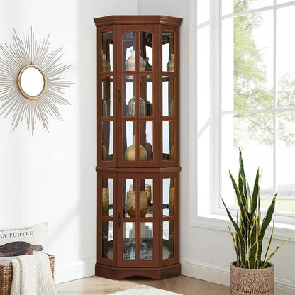 HOMIQUEEN Corner Curio Display Cabinet with 5 Shelves and Lighting System, Wooden Accent China Cabinet with Tempered Glass Doors for Living Room, Bar and Liquor Storage Area (Walnut) - WoodArtSupply