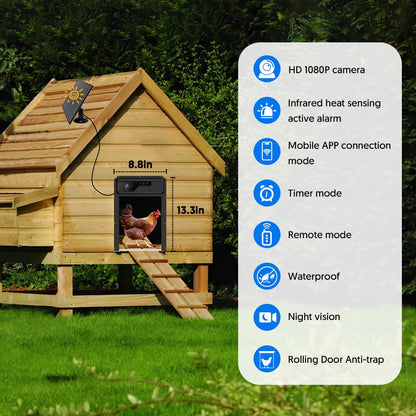 1080P HD Camera Solar Automatic Chicken Coop Door, 5000 mAh Battery, Support WiFi, APP Remote Control, Timer, Anti-Trap Infrared Sensor and Alarm Driver Function, Easy to Install and Use.