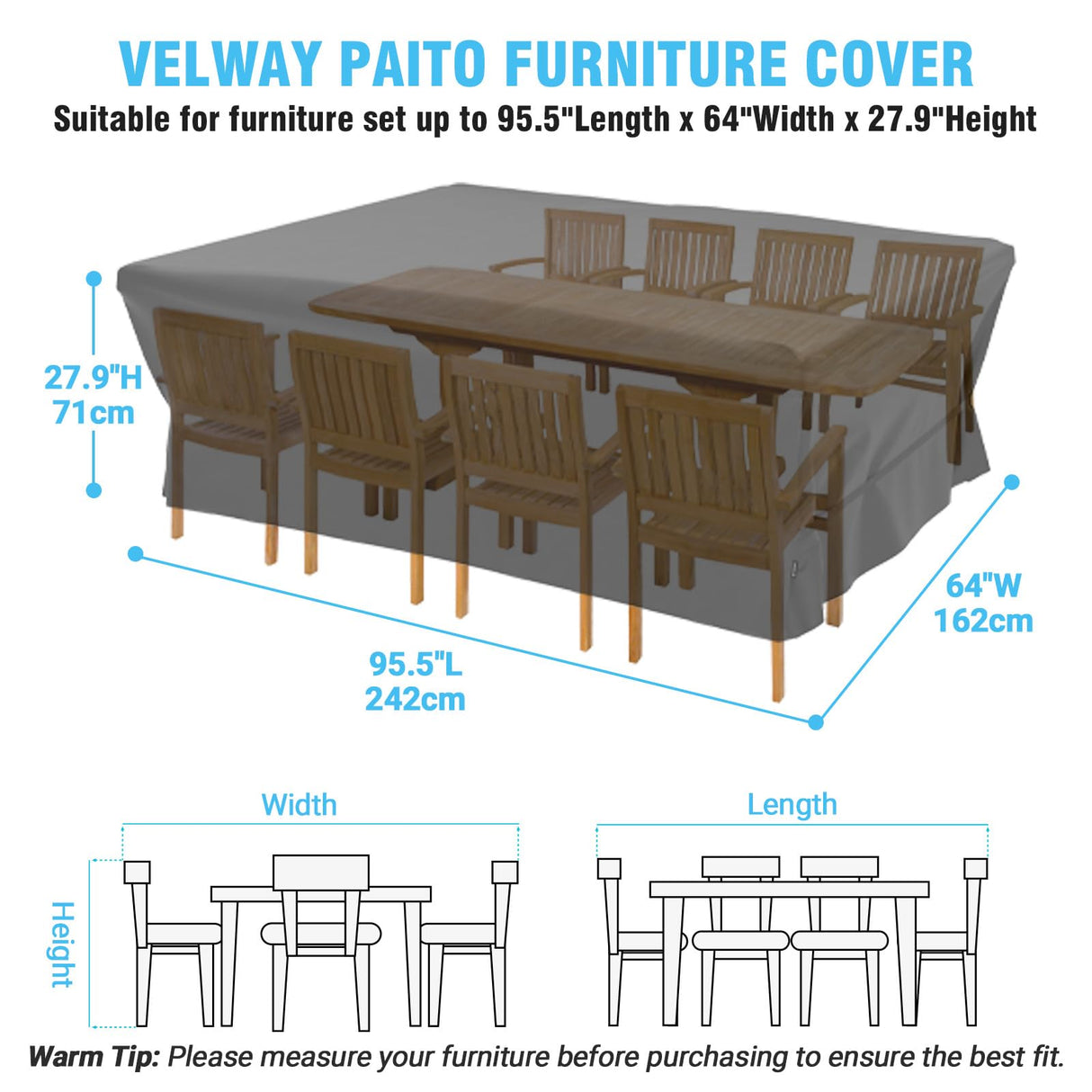 Velway Patio Furniture Cover Outdoor, Waterproof Rectangular Patio Table Chair Sofa Set Cover, 95”Lx64”Wx39”H, All Weather Oxford Tear-Resistant Material with Zipper Carrying Bag Windproof Buckles Velway