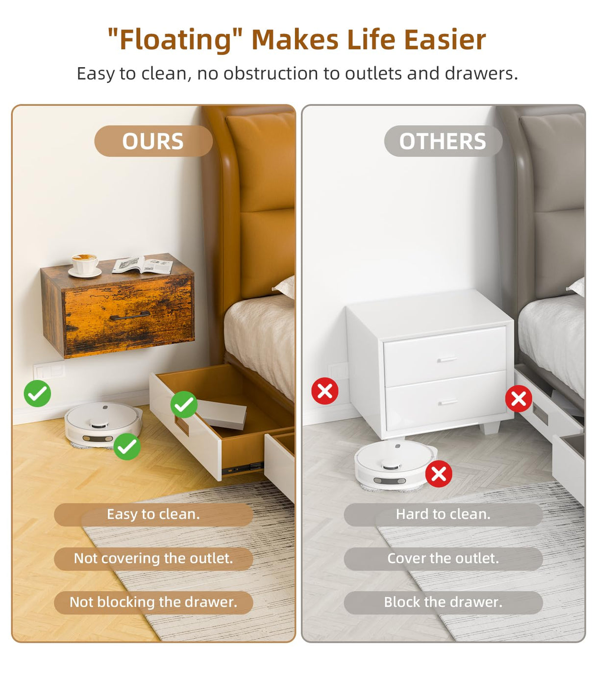 Adowes Floating Nightstand Shelf with Drawer, Wall Mounted Nightstand, Floating Drawer for Wall, Small Nightstand with Drawer, Floating Bedside Shelf for Bedroom, Rustic Brown Adowes