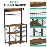 Kalrin Rustic Brown Large Bakers Rack with Power Outlets, Hooks, and Wire Baskets for Organised Kitchen Storage Kalrin