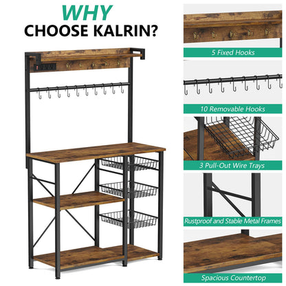 Kalrin Large Bakers Rack with Power Outlets 38.8 Inches, 15 Hooks Coffee Bar with 3 Wire Basket, Microwave Stand Kitchen Storage Shelf for Spices, Cups, Pots, 38.8 x 16.3 x 62.2 in, Rustic Brown