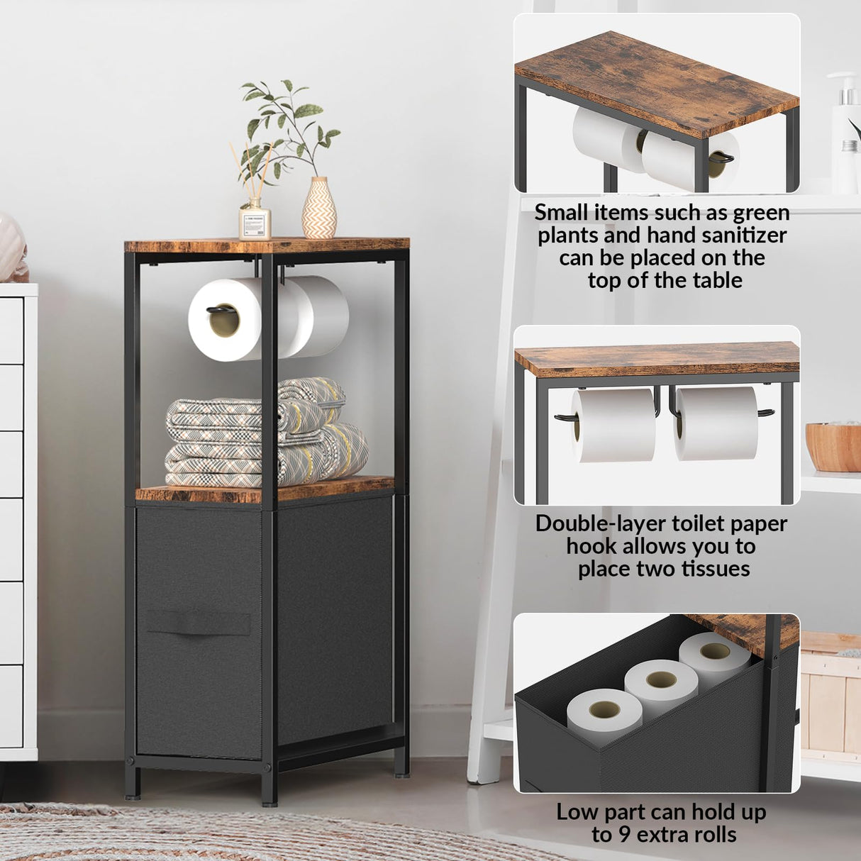 NOVIMANGO Toilet Paper Holder Stand with Drawer, Free Standing Toilet Paper Holder, Standing Small Bathroom Storage Cabinet, Slim Toilet Storage Cabinet for Small Space NOVIMANGO