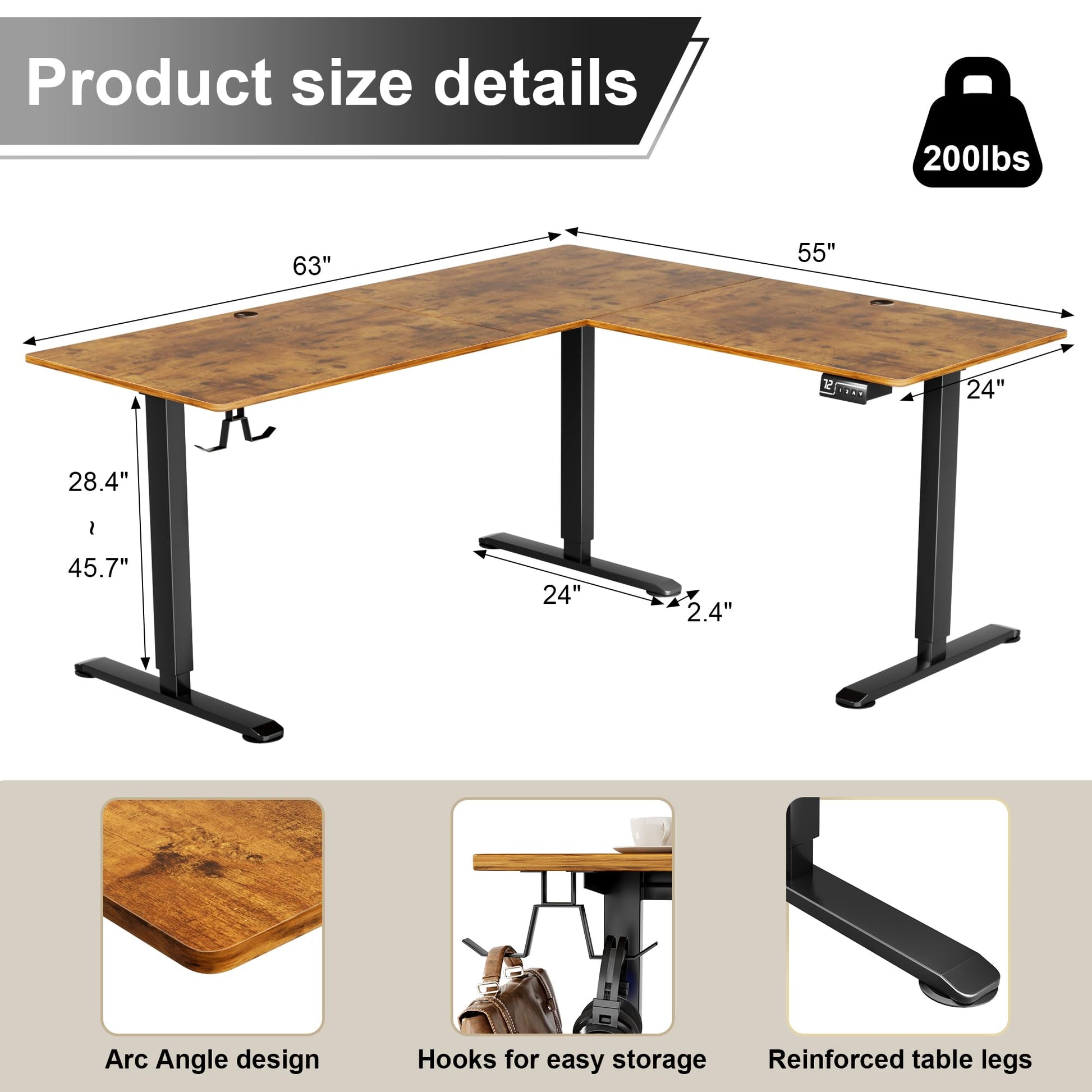 Shahoo L-Shaped Corner Standing Desk, Electric Height Adjustable Table, Home office Workstation, 63 x 55 Inch, Rustic Brown - WoodArtSupply