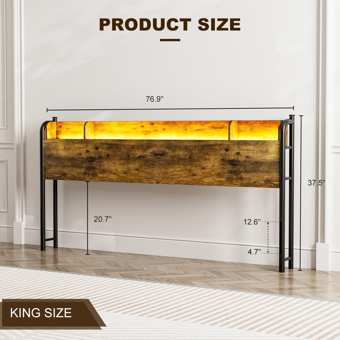 IKIFLY King Size Rustic Brown Storage Headboard with Charging Station & LED Lights - WoodArtSupply