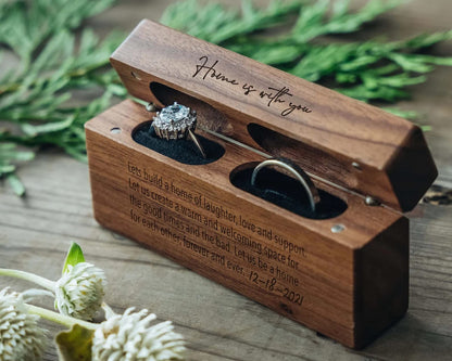 lmllml Custom Double Ring Box - Personalized Wooden Wedding Ring Box for 2 Rings Engraved Proposal Ceremony Ring Bearer Box, Wood Boho Box, Walnut - WoodArtSupply