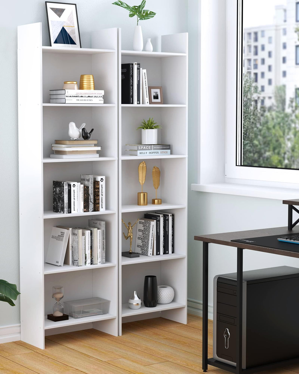 Hzuaneri 6-Tier Bookshelf, 66.9 Inches Floor Standing Bookcase, Display Storage Shelf, Corner Shelf, Home Decor Furniture for Home Office, Living Room, Bedroom, White 01103XBC Hzuaneri