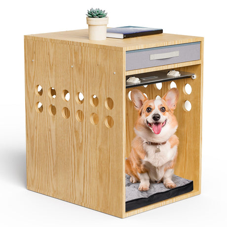 Dog Crate Furniture with Drawer, SAUCE ZHAN Dog Kennel with Cushion for Small/Medium Dogs, End Side Table Wooden Crate for Pets Indoor, Wood Color SAUCE ZHAN
