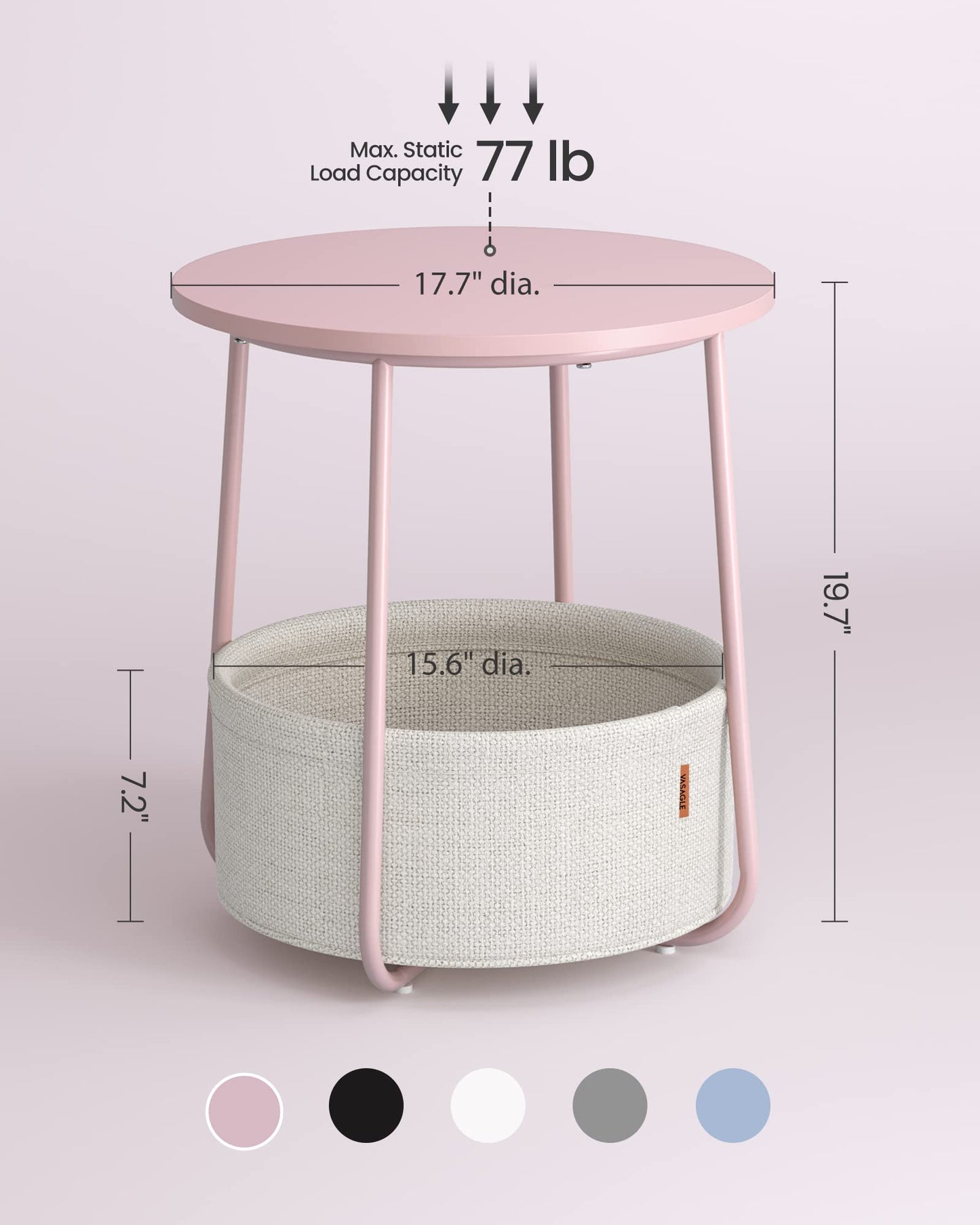 VASAGLE End Table, Small Bedside Table with Fabric Basket, Modern Nightstand, Round Side Table, for Living Room, Bedroom, Jelly Pink and Cream White ULET223R61