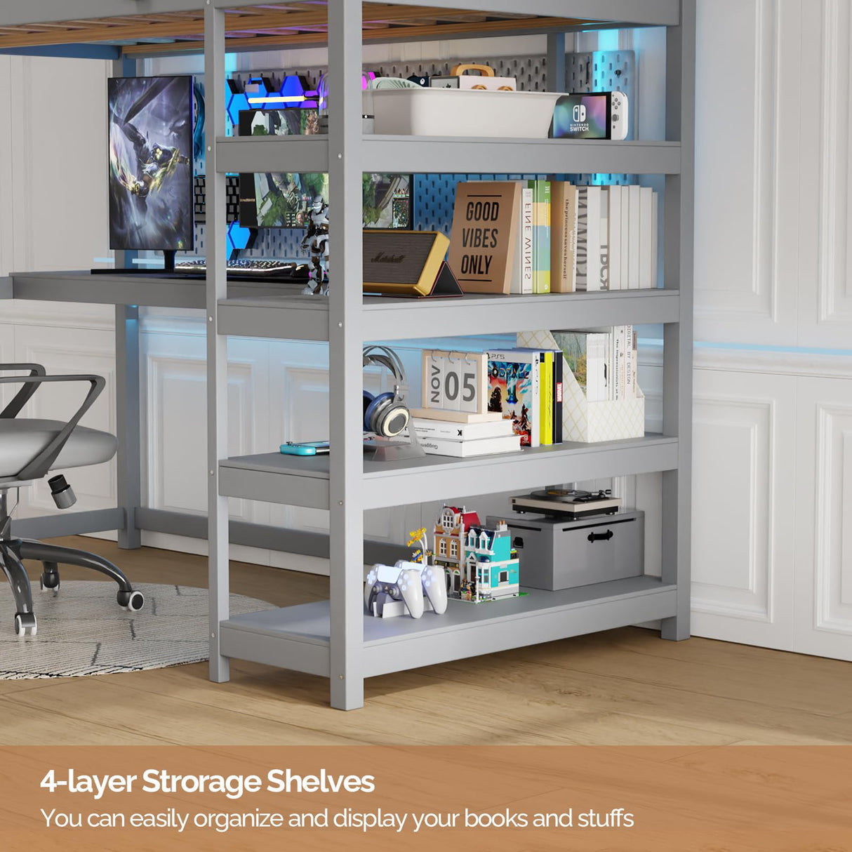 JOYMOR Bunk Bed with Desk and 4-Layer Shelves, Loft Bed Twin Size with Under Desk and Bookcase Storage, Twin Bed Frame for Kids, Adults& Young Teens JOYMOR