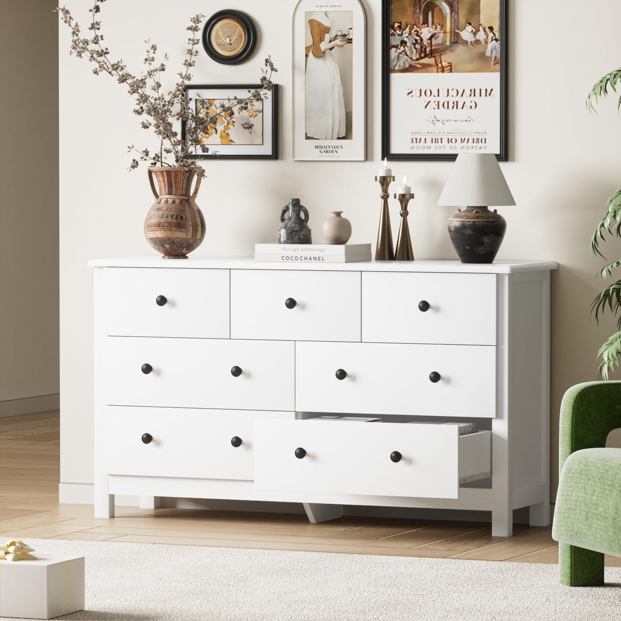 HOUROM White Dresser for Bedroom, 7 Drawer Chest of Drawer with Metal Handle and Wide Drawer, Modern Wood Double Storage Organizer Dresser for Living Room, Hallway, Entryway HOUROM