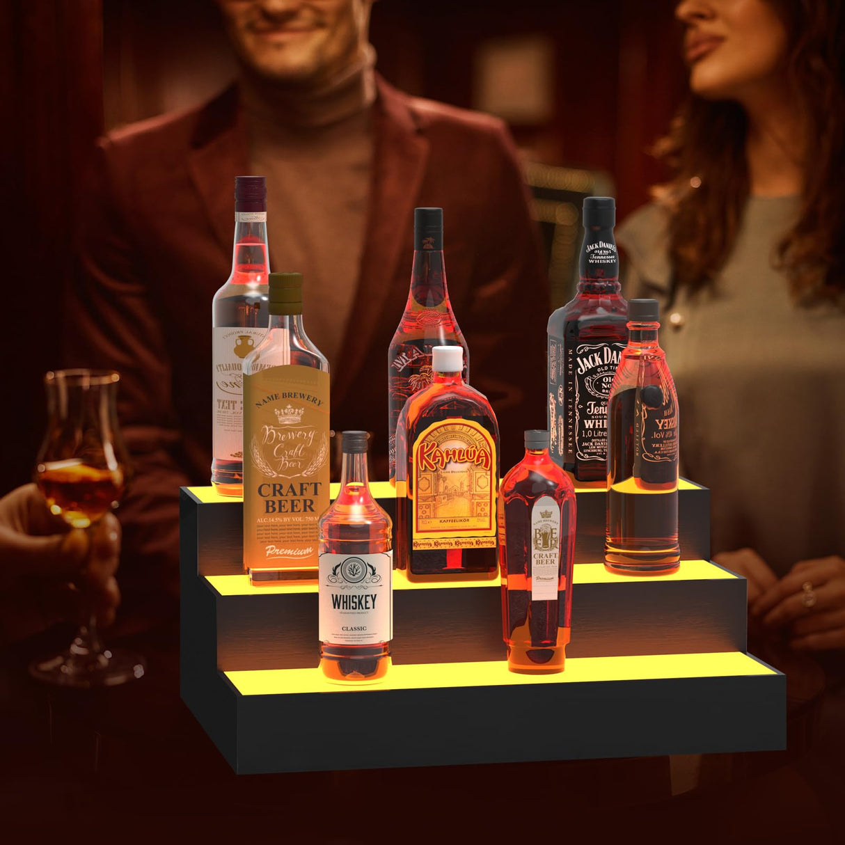 upcessory LED Lighted Liquor Bottle Display Shelf, 3 Tier 16 Inch Alcohol Whiskey Wood Rack Stand Tray for Home Bar Living Room Accessories and Decor, Bourbon Shelf for 12 Bottles upcessory