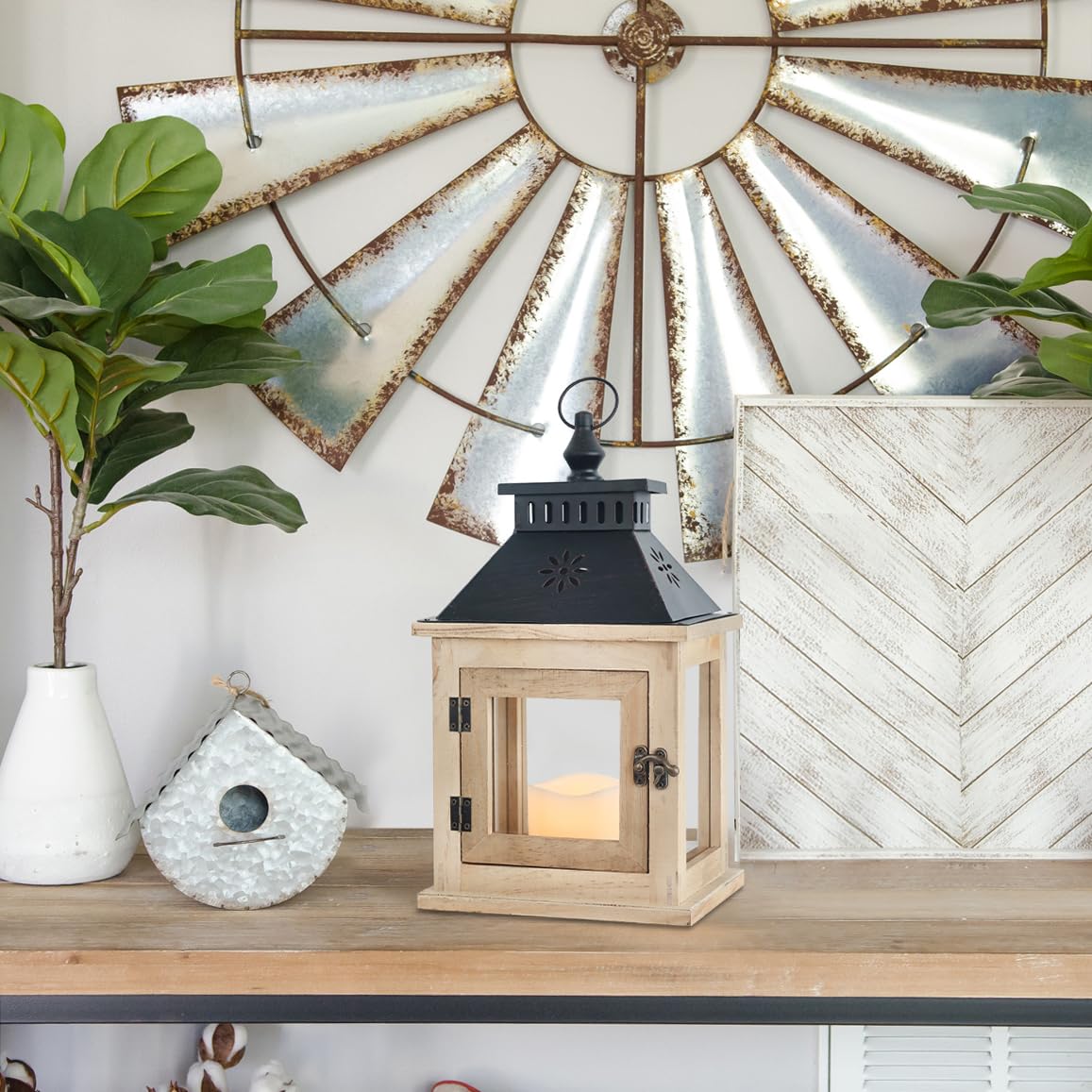 NEEDOMO 13" Farmhouse Decor Wooden Candle Lantern Indoor, Large Table Centerpiece Lanterns Decorative Outdoor, Hanging Rustic Candle Holders for Shelf Wedding Living Room Patio NEEDOMO