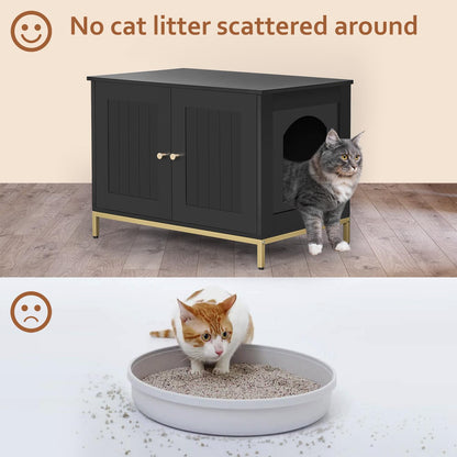 Homhedy Cat Litter Box Enclosure, Litter Box Furniture Hidden with Metal Frame, Cat Washroom Furniture, Cat House, Fit Most of Litter Box, Modern Style, Black and Gold