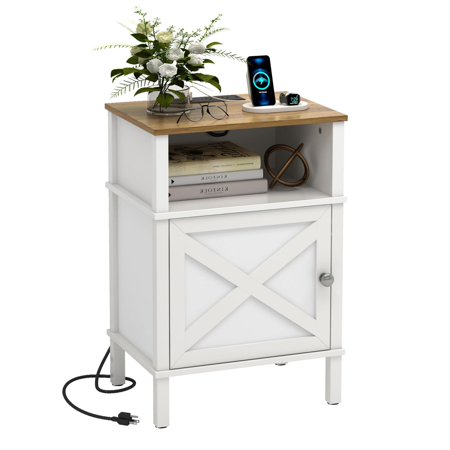 CIILAAILE Nightstand with Charging Station, Farmhouse Nightstand, end Table with 2 Tiers Storage Space and Storage Cabinet, Sofa Side Tables for Bedroom, Living Room WGBZ0601 - WoodArtSupply