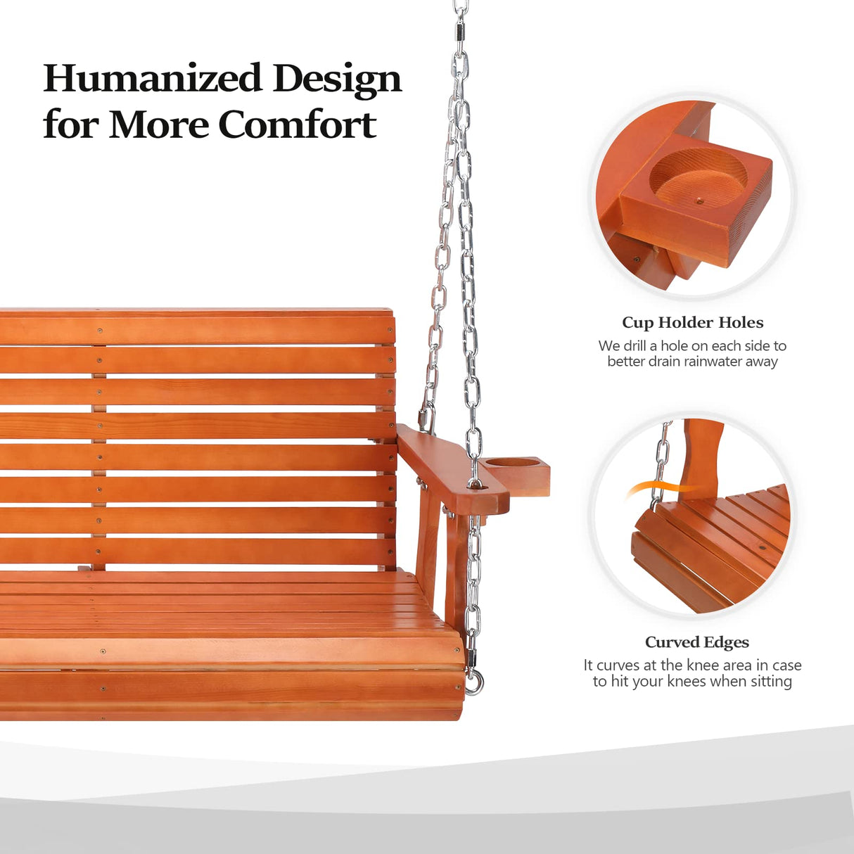 VINGLI Heavy Duty 880 LBS Patio Porch Swing Outdoor with Cup Holder, Hanging Chair with Adjustable Secure Chains, Pine Wood Outdoor Bench Tree Swing for Yard | Garden | Lawn | Balcony (5 FT, Brown) VINGLI