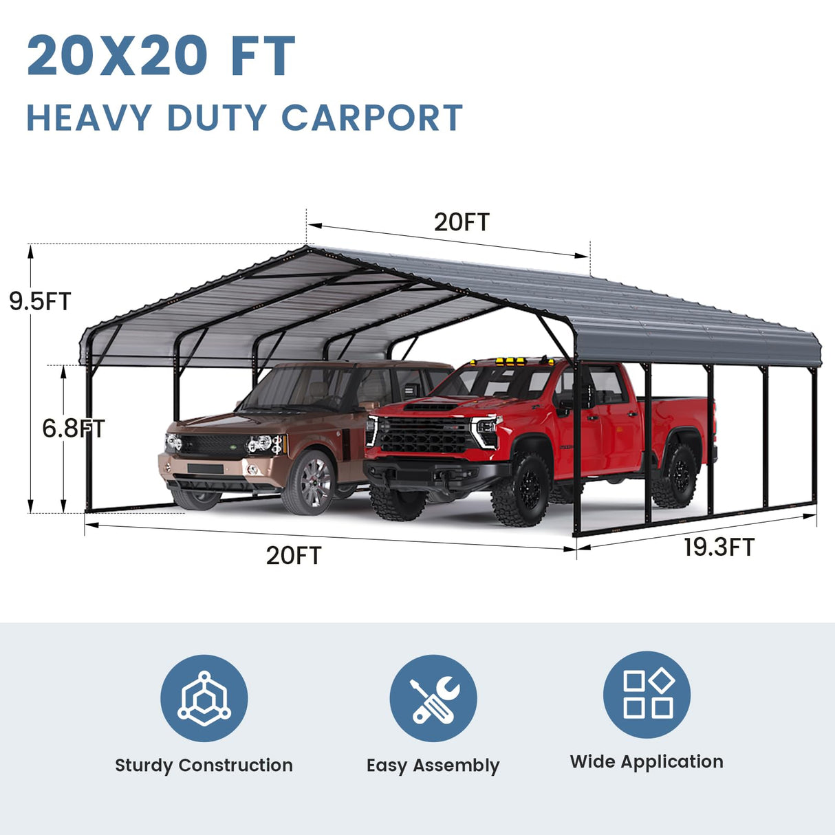 EROMMY 20x20FT Stable Metal Carport, All-Weather Heavy-Duty Carports with Strong Base, Sturdy Car Shed with Galvanized Steel Roof and Frame, Easy Assembly Car Port for 2 Cars, Tractors, Boat, Gray EROMMY