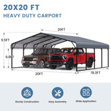 EROMMY 20x20FT Stable Metal Carport, All-Weather Heavy-Duty Carports with Strong Base, Sturdy Car Shed with Galvanized Steel Roof and Frame, Easy Assembly Car Port for 2 Cars, Tractors, Boat, Gray EROMMY