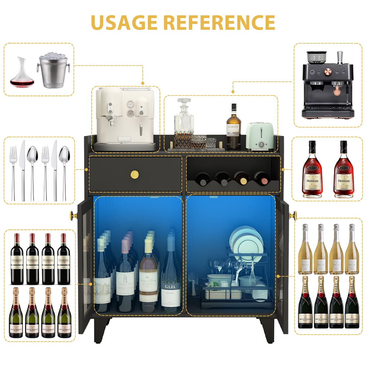 COCO DESIGN Small Wine Cabinet with Glass Doors, Modern Liquor Bar Cabinet with LED Light for Alcohol, Farmhouse Buffet Coffee Sideboard with Storage for Kitchen, Black COCO DESIGN