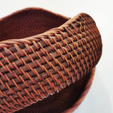 AMOLOLO Handmade Rattan Round Fruit Basket Food Storage Bowls Kitchen Organizer Snack Serving Bowl 10 Inch Wavy Edge Circle Tray Basket with 3” Deep Wall, Dark Brown Décor Display Tray Bowl, M amololo