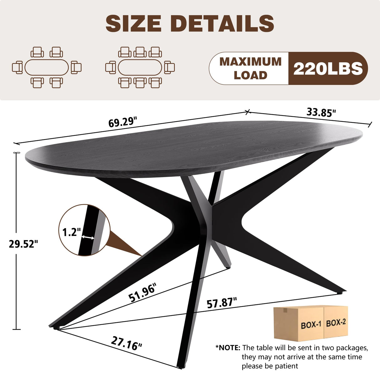 Kidol & Shellder Rectangular Dining Table for 4-6 People 69.4" Farmhouse Kitchen Table with Metal Cross Legs & Oval Corners Modern Industrial Style for Kitchen Dining Room Living Room Black Kidol & Shellder