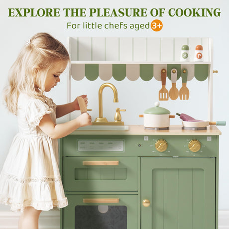 ROBOTIME Play Kitchen for Kids Toddlers, Wooden Pretend Play Kitchen Set Toy with Cutting Food Set, Toys Kitchen Gift for 3+ Year Old Kids, Girls & Boys ROBOTIME