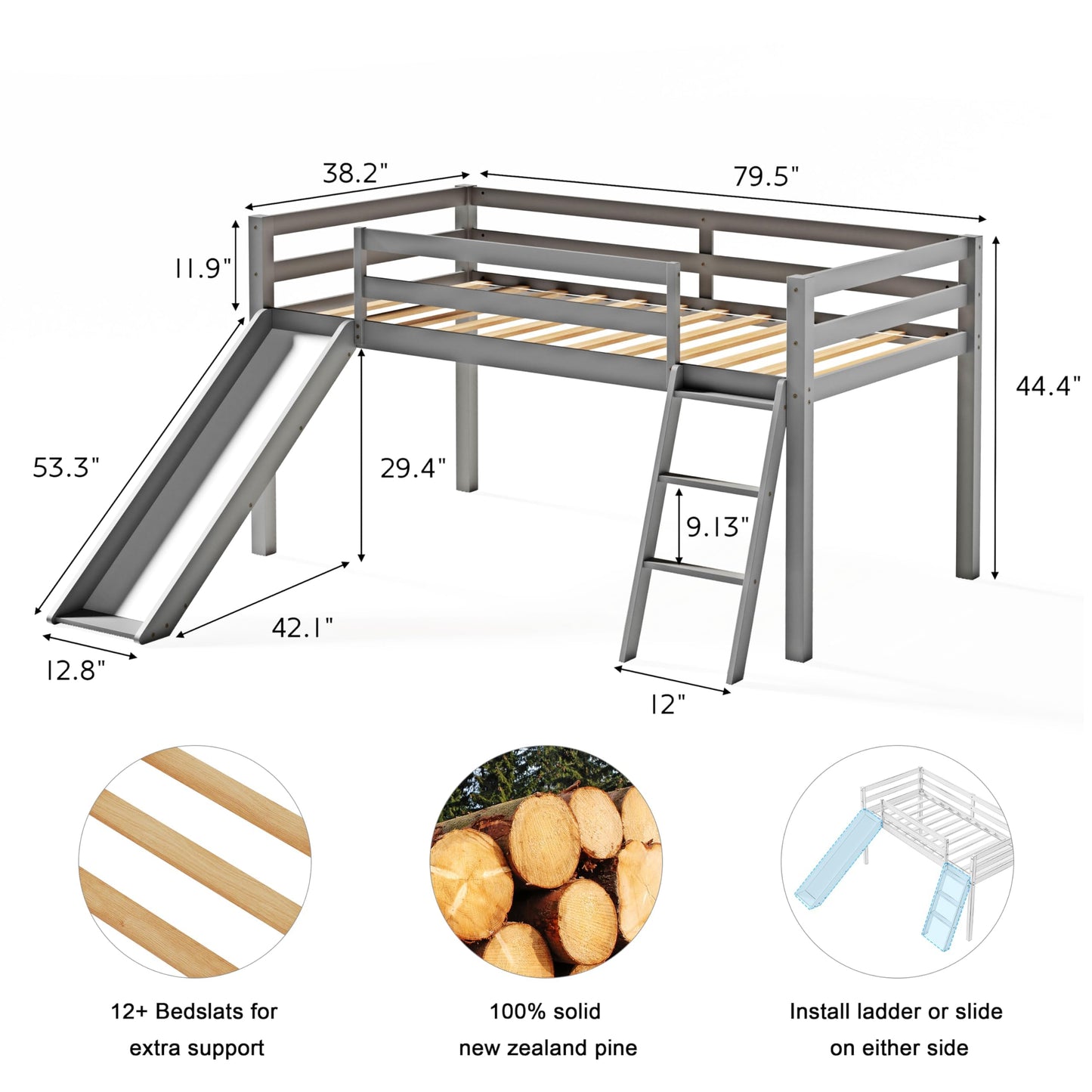 Callales Grey Twin Solid Wood Loft Bed with Slide & Removable Ladder - WoodArtSupply