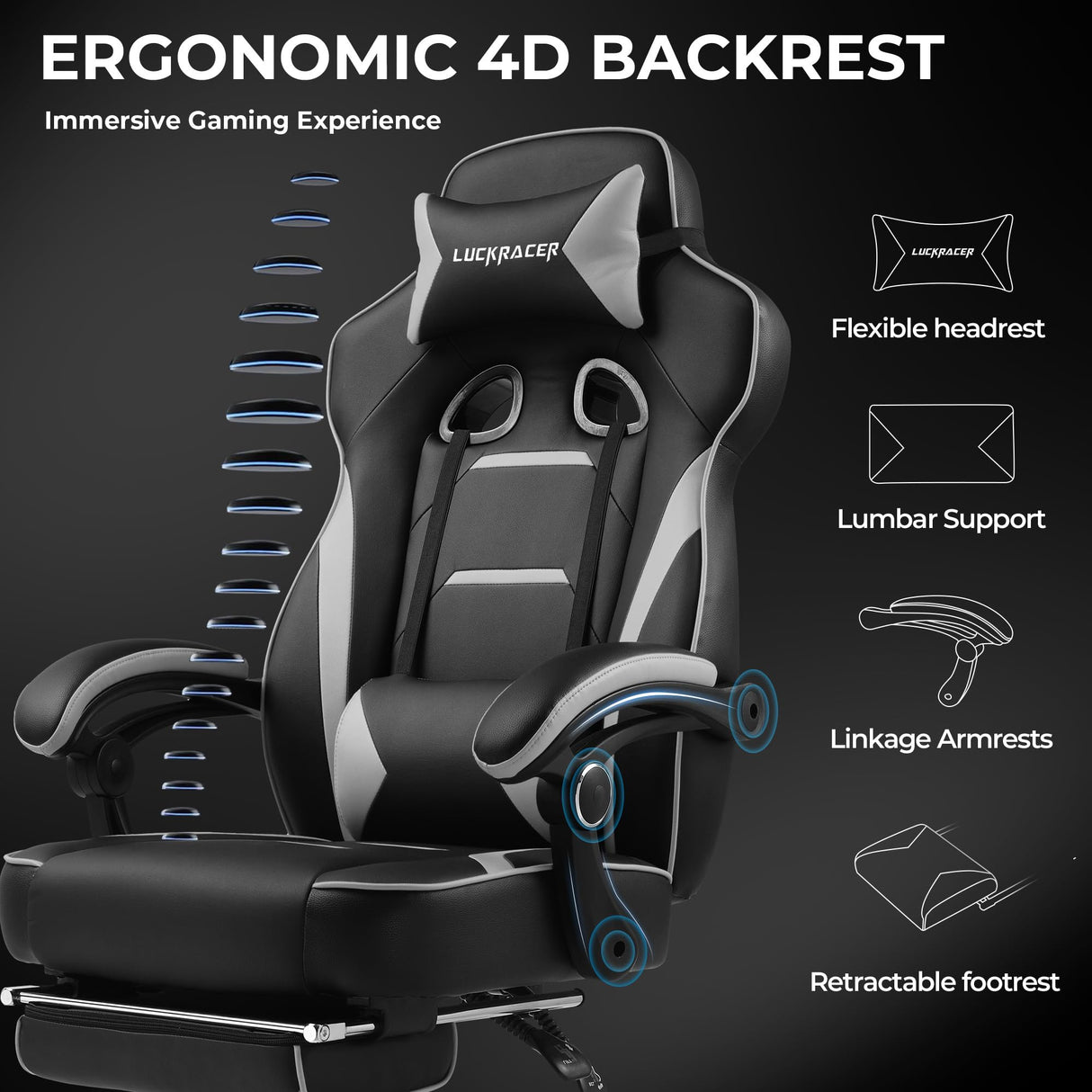 GTPLAYER Gaming Chair with Footrest, Big and Tall Game Chair 350lb Racing Style Computer Chair, Ergonomic Executive Office Chair High Back with Lumbar Support and Recliner, Light Gray GTPLAYER