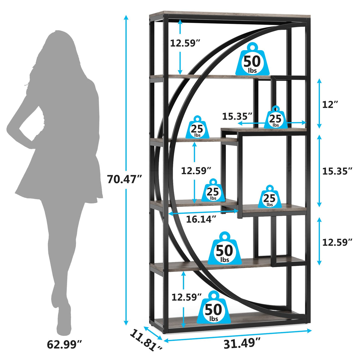 Industrial 5-Tier Etagere Bookcase by Tribesigns in Vintage Grey - Stylish Storage Solution for Home & Office Tribesigns