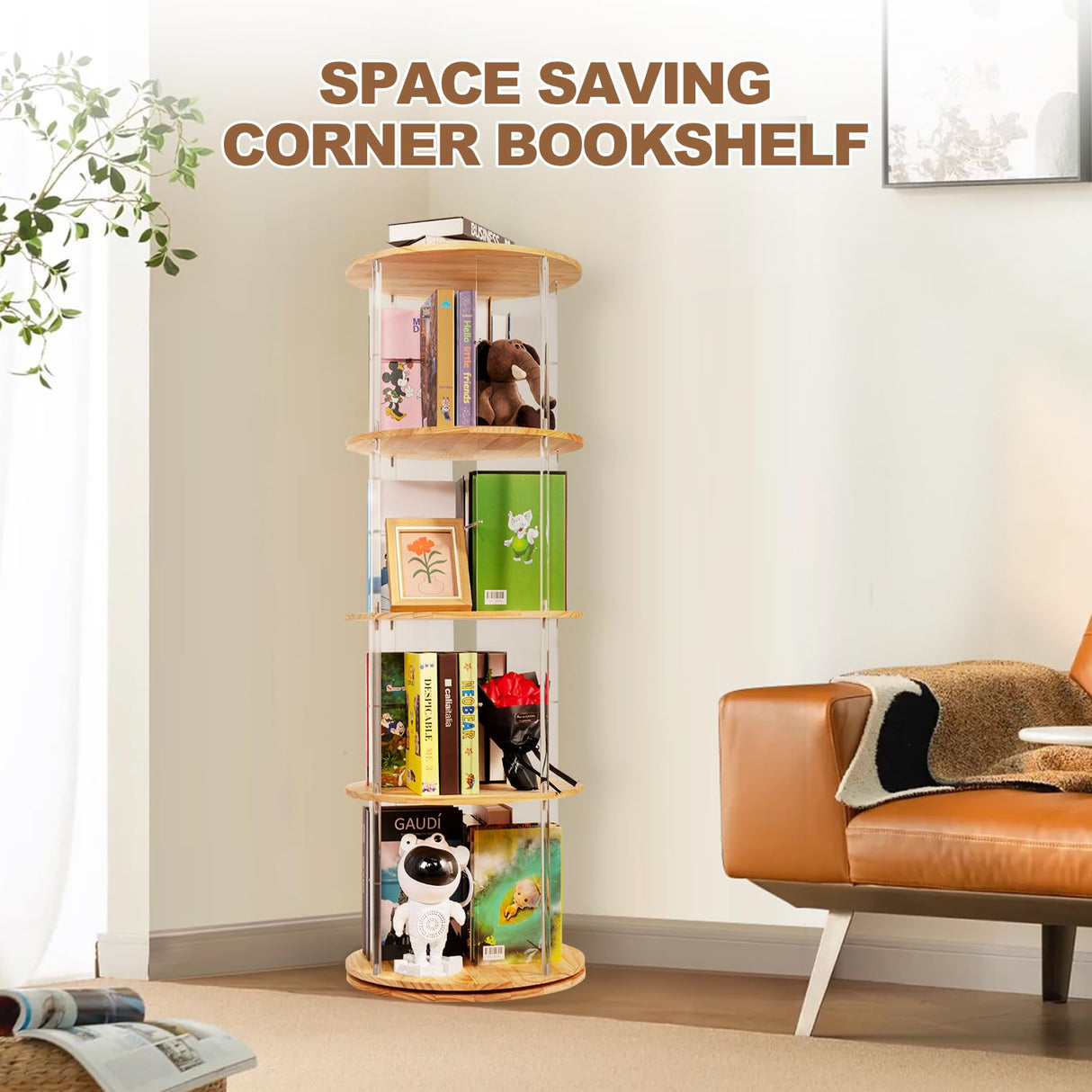 TAKEKIT 360° Rotating Bookshelf, 4-Tier Spinning Book Shelf Tower with Solid Wood & Clear Acrylic, Round Revolving Bookcase for Living Room, Bedroom and Office TAKEKIT