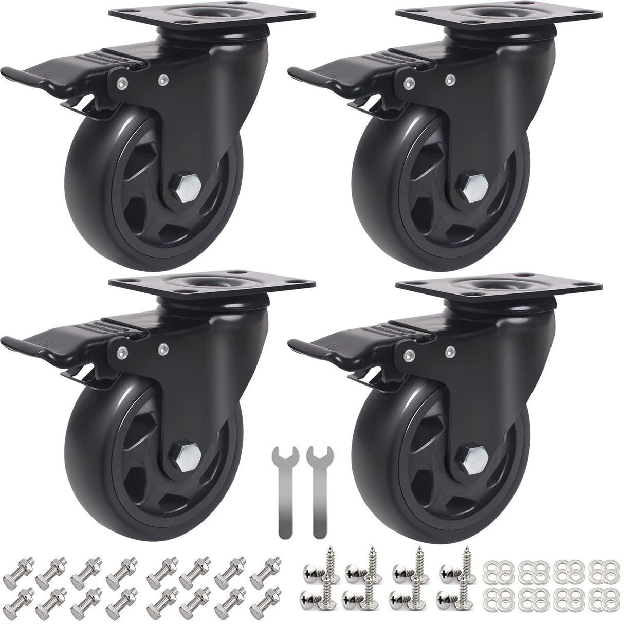 4 Inch Swivel Plate Caster Wheels, All Black Heavy Duty Casters Set of 4 with Brake, Polyurethane Locking Caster Wheels for Cart, Workbench, Load 2000lbs Wieyunn